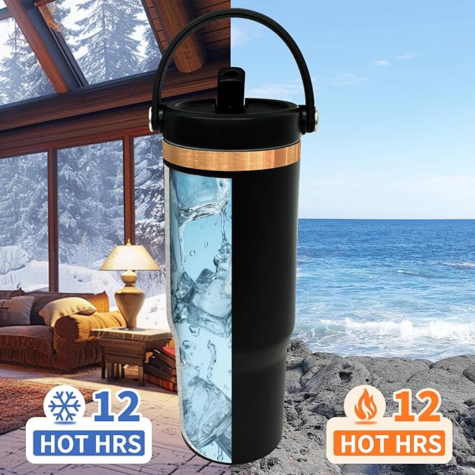 30 oz Tumbler with Handle, Double Wall Vacuum Insulated Tumblers with Flip Straw, Coffee Mug 30oz Powder Coated Cup for Hot and Cold Drinks(Copper Plated, Black,1 pack) - Bloomnest