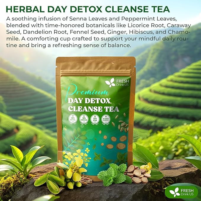 FreshDrinkUS, 30 Teabags of Herbal Day Cleanse Tea – 30 Day Program | Refreshing Mint Blend with Dandelion, Senna & Hibiscus | Naturally Supports Wellness & Light-Feeling | Caffeine-Free Herbal Tea - Bloomnest