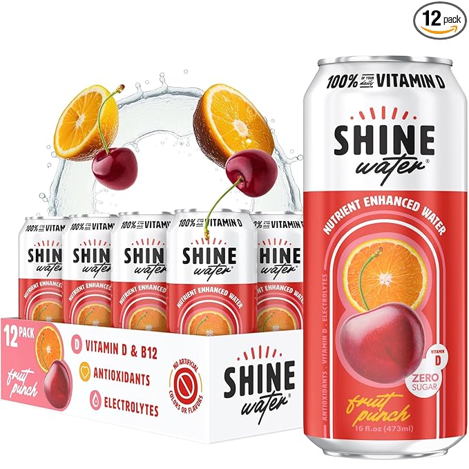 Shine Water Fruit Punch Vitamin D Electrolyte Drinks 12-Pack, Sugar Free Flavored Water with Magnesium, Zinc & Antioxidants, Low Calorie Hydration Beverage, Plant-Based Vitamin Water Zero Sugar - Bloomnest