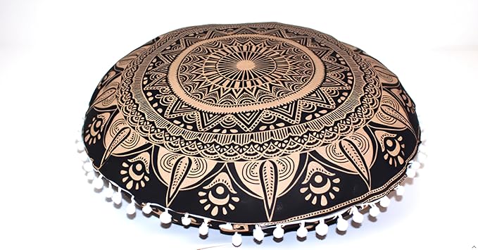 CRAFT KALA Large Round Bohemian Floor Pillow Pouf Cover Mandala Meditation Room Pillow Cover for Adults Boho Seating Poufs Cushion Cover for Kids Playroom Black Golden 32" Round - Bloomnest