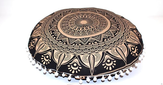 CRAFT KALA Large Round Bohemian Floor Pillow Pouf Cover Mandala Meditation Room Pillow Cover for Adults Boho Seating Poufs Cushion Cover for Kids Playroom Black Golden 32" Round - Bloomnest