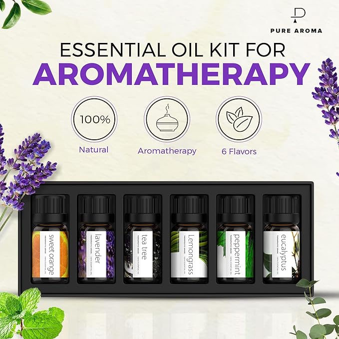 Essential Oils Set by Pure Aroma - Top 6 Aromatherapy Oils Gift Set-6 Pack, 10ml (Eucalyptus, Lavender, Lemongrass, Sweet Orange, Peppermint, Tea Tree) - Bloomnest