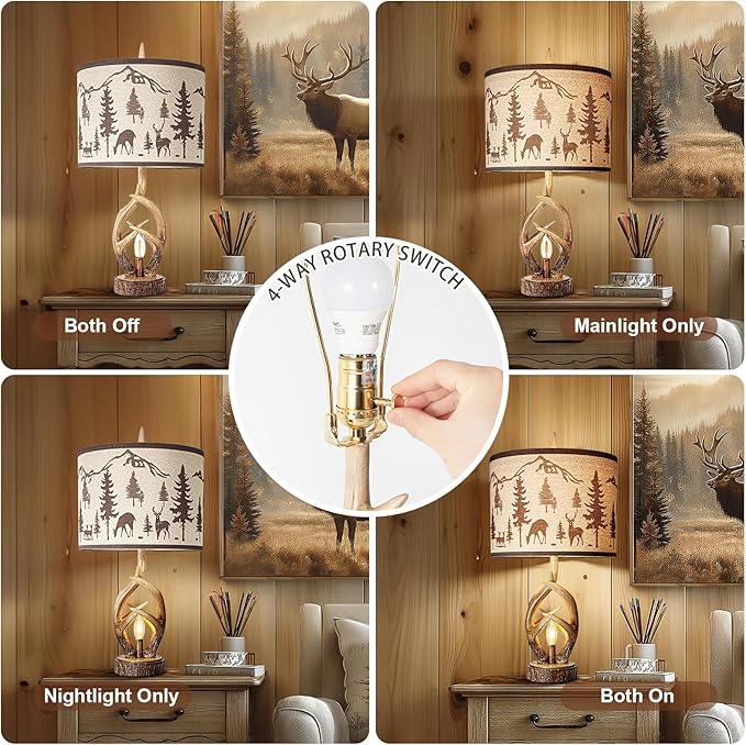Scenekoy Antlers Style Table Lamp Set of 2 Rustic Bedside Lamp with Night Light Linen Fabric Shade Farmhouse Nightstand Lamps Decor for Living Room Bedroom House Home Office (Bulb Included) - Bloomnest