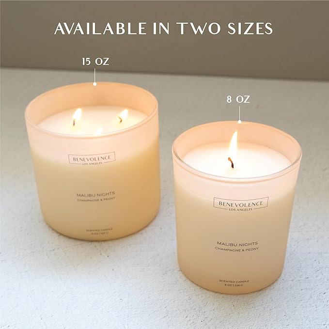 Champagne & Peony – Benevolence LA Large 3-Wick Fall Scented Candle for Home | 15oz, 50-Hour Burn | Natural Soy Wax, Cotton Wicks | Romantic Autumn Fragrance | Malibu Sands Collection – Gift for Women - Bloomnest