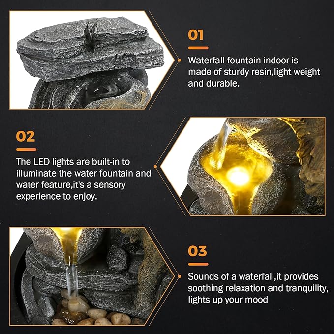 BEAMNOVA Tabletop Fountain,3 Tiered Elephant & Baby Elephant Indoor Fountains,with LED Light Water Feature for Home Office Décor