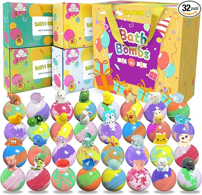 Bath Bombs for Kids with Surprise Inside, 32 Pack Bath Bombs with Land & Sea Animal Toys, Handmade Fizzy Bubble Children Bath Ball Gift Set for Kids Birthday, Christmas, Mothers Day Gifts for Daughter - Bloomnest