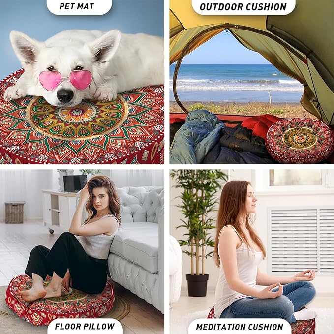 Mandala Meditation Cushion, Boho Meditation Mat, Meditation Pillows for Sitting on Floor, Cushions for Sitting in Home and Outdoor, Round Floor Pillows Cushion Seating for Yoga 22'' X 22'' - Bloomnest
