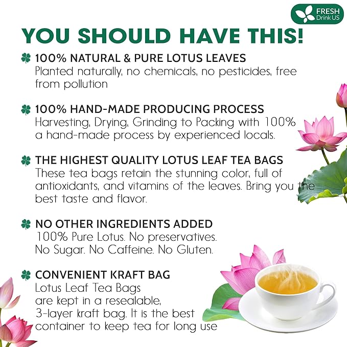 FreshDrinkUS, Premium 30 Lotus Leaf Tea Bags, 100% Natural & Pure from Lotus Leaves. Loose Leaf Lotus Herbal Tea. Made with Eco-Conscious Tea Bags. No Sugar, No Caffeine, No Gluten, Vegan. - Bloomnest