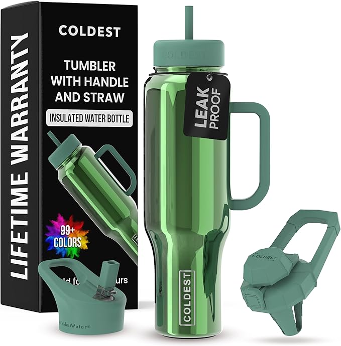 Coldest Tumbler with Handle and Straw, 100% Spill Proof Tumbler with Straw (3 Lids), Stainless Steel Insulated Leakproof Tumblers for Women Men, Cup Holder Friendly, 46 oz (Avocado Reflections) - Bloomnest