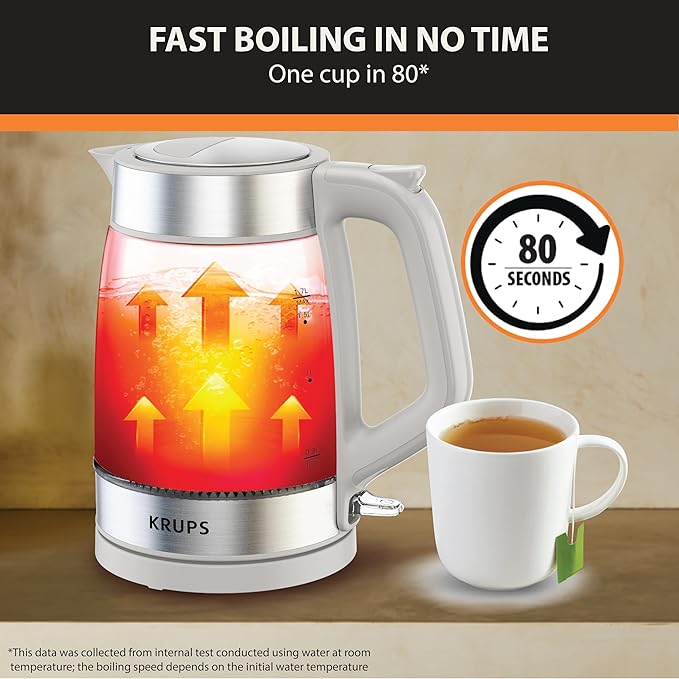 KRUPS Electric Kettle, 1.8-Qt (1.7L) Tea Kettle, 1500W with LED indicator, Hot Water Boiler, Auto Shut-off, Rapid 80-Second Cup Boiling, Safe Boil-dry Protection, Water Heater, Glass Carafe, Grey - Bloomnest