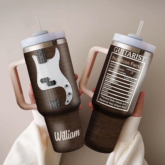 WAZONE Personalized Bass Guitar Tumbler 40oz with Handle and Straw Custom Name Guitarist Nutrition Facts Travel Mug Vacuum Tumblers Gifts Ideas For Men Band Musician Acoustic Music Teacher - Bloomnest