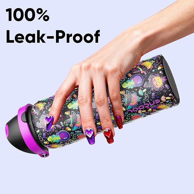 Insulated Water Bottle with Straw - Encool Stainless Steel Water Bottle with Push Button Lid, Leak-Proof & BPA-Free, Keeps Cold for 24 Hours for Sports, Travel, Gym (32 oz, Meowgic Night) ENCOOL