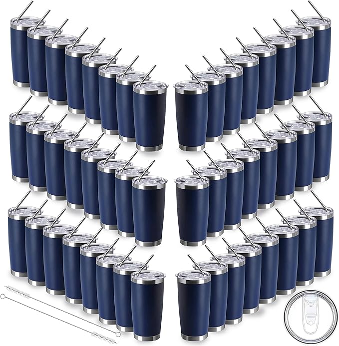 20oz insulted tumblers stainless steel cup Tumbler Bulk with push Lid, and metal straw powder coated coffee cup for cold and hot drinking (48, navy blue) - Bloomnest