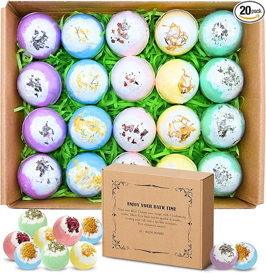 Bath Bombs Set for Women, 20 PCS Natural Argan Oil & Organic Oil Dry Skin Moisturize, 5 Different Scents, Perfect for Bubble Spa Bath, Ideal Gifts for Women, Girls, Wife, Mother - Bloomnest