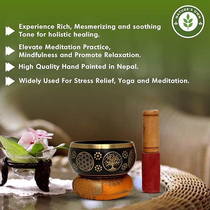 Nature's Own Tibetan Singing Bowl Set - 3.5 Inch, Black - Handcrafted in Nepal, Easy to Play - Ideal for Meditation, Yoga, Chakra Healing, Stress Relief, Spiritual Gifts for Men & Women - Bloomnest