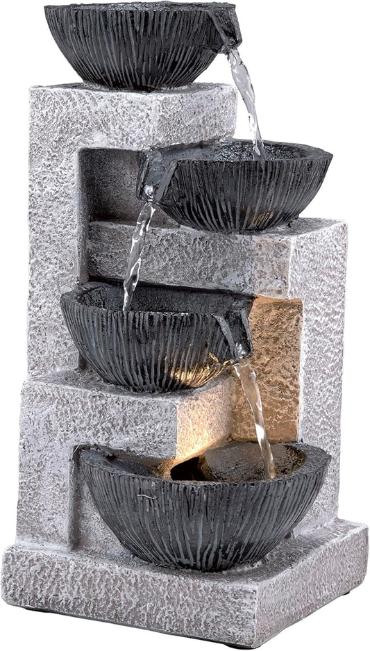 Alpine Corporation WIN1578 14" Cascading Tabletop Bowl Fountain with LED Lights – Elegant Water Fountain for Home, Office, Living Room, Bedroom, and Desk, Gray - Bloomnest