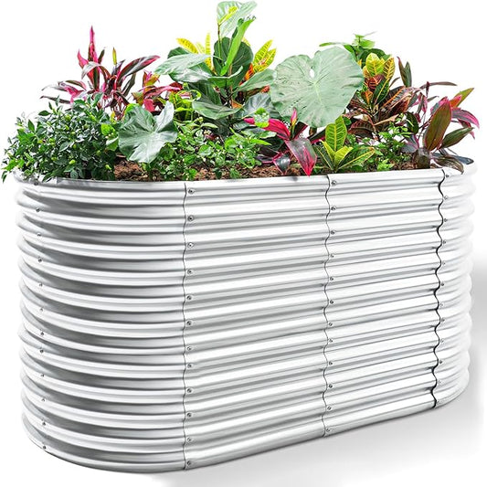 Land Guard 8x4x3ft Oval Galvanized Raised Garden Beds, Large-Capacity Metal Planter Box Outdoor, Durable Deep Raised Garden Bed 3ft Tall, Raised Beds for Gardening Vegetables, Classic Silver - Bloomnest