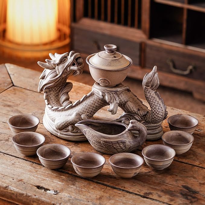 Ceramic Teapot with Infuser Semi Automatic Tea Set Magic Teapot with 8 cups Gradient Color (Retro Dragon- A) - Bloomnest