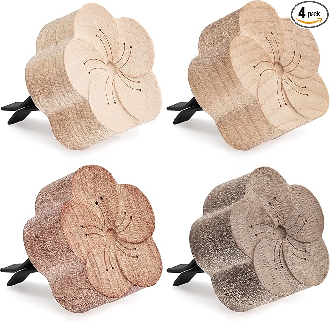 Zubebe Aroma Wood Essential Oil Diffuser 4 Packs Minimalistic Decor Car Air Freshener Flower Diffuser with Aromatherapy Clip for Car Office Bedroom - Bloomnest