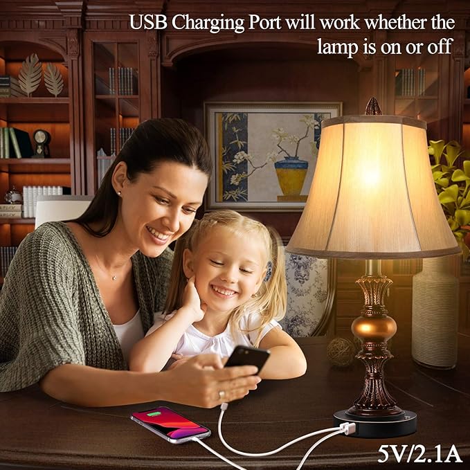 Touch Control Traditional Table Lamp Set of 2, Vintage Bedside Lamps with Dual USB Charging Ports, 3-Way Dimmable Bronze Finish Desk Lamps with Bell Shape Faux Silk Shade for Living Room, Bedroom - Bloomnest