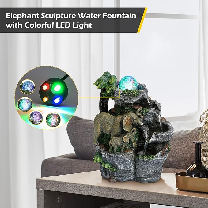 Dyna-Living Elephant Water Fountain Indoor Desktop Fountain Waterfall with Colorful LED Light Tabletop Water Fountain for Desk Office Relaxing Inside Water Feature