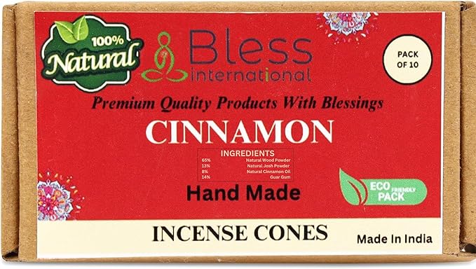 Bless International Cinnamon 100%-Natural-Incense-Cones Handmade-Hand-Dipped Organic-Chemicals-Free for-Purification-Relaxation-Positivity-Yoga-Meditation The-Best-scents (10 Count) BlessInternational