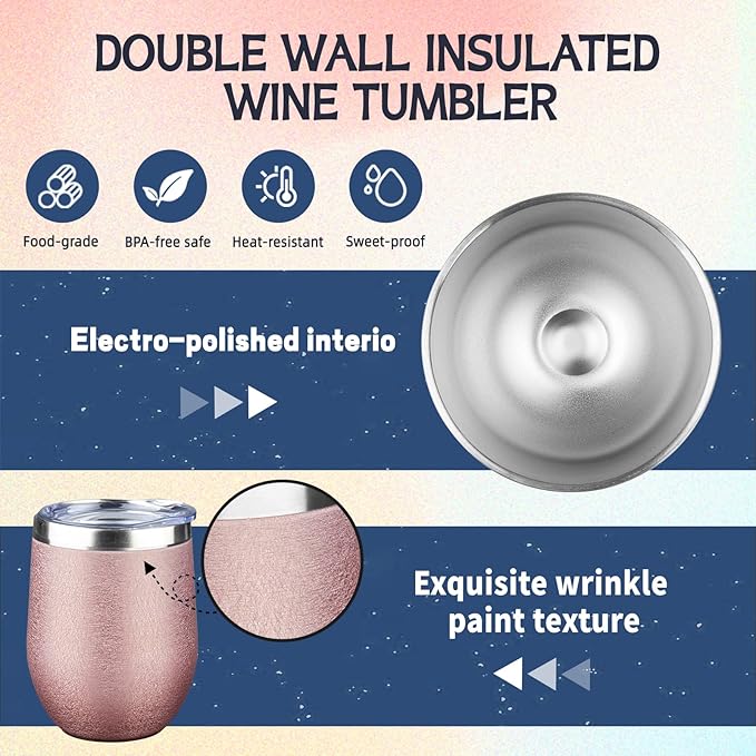 12 oz Insulated Wine Tumbler with Lid and Straw Double Wall Vacuum Insulated Wine Cup Stainless Steel Wine Tumbler Glasses for Coffee,Champaign,Office (Wrinkle Paint Rose Gold,1) - Bloomnest