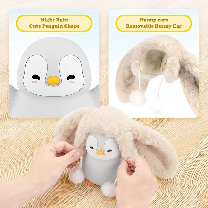 UNEEDE Standing Penguin Night Light with Detachable Bunny Hat - Rechargeable Silicone Touch Lamp, 2-Level Dimmable, 20-Min Timer, Nursery Decor for Kids & Holiday Gifts - Bloomnest