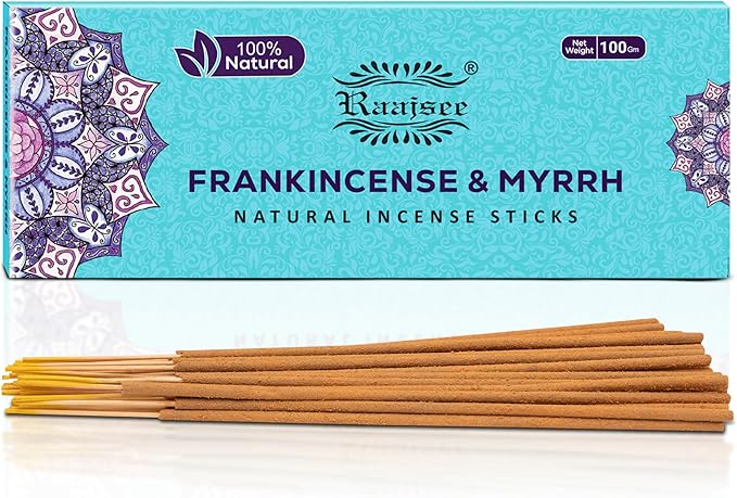 Pure Frankincense & Myrrh Incense Sticks, 100%-Natural Charcoal Free Organic Non Toxic Clean Burning Handmade Insence Sticks 100 gm Pack, Meditation Gifts – Spritual Cleansing RAAJSEE