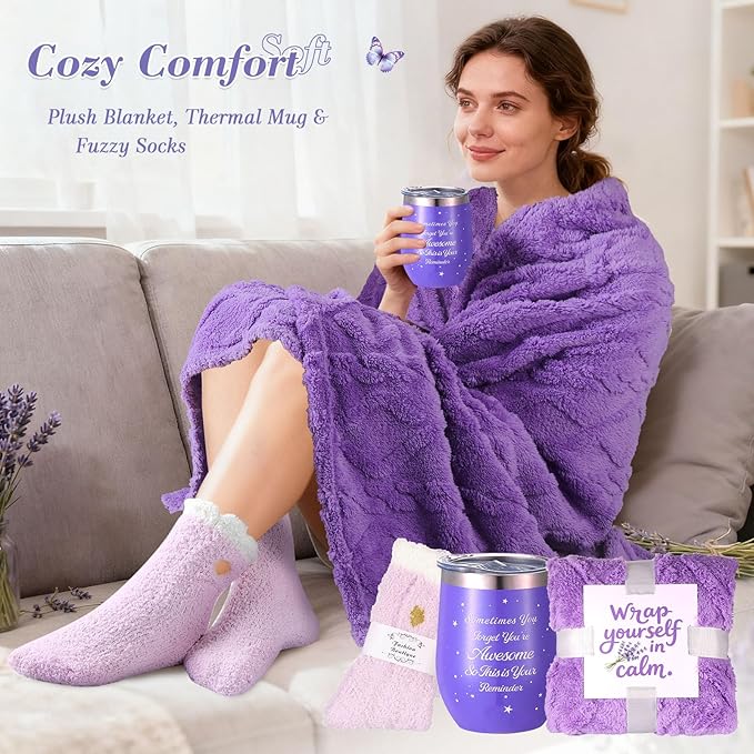 Valentines Day Gifts for Her Birthday Gifts for Women ,Self Care Get Well Soon Gifts Baskets Lavender Spa Kit Bath Set Gifts for Mom Girlfriend Wife Daughter Sister Best friend w/ Blanket - Bloomnest