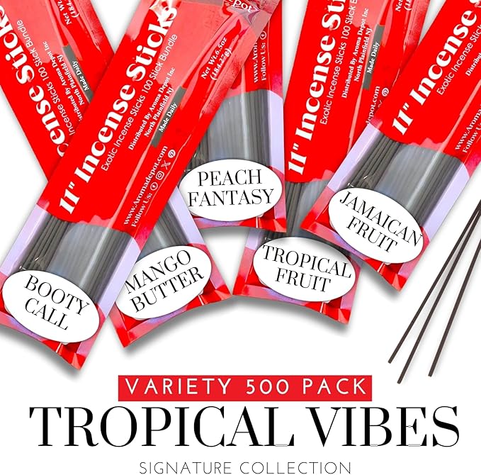 Tropical Vibes 11'' Incense Sticks - Variety Set 500 Pack - 11 inch - 5 Bundles 100 Sticks Per Fragrance Scent. Set Features Booty Call, Jamaican Fruit, Mango Butter, Peach Fantasy, Tropical Fruit AromaDepotInc