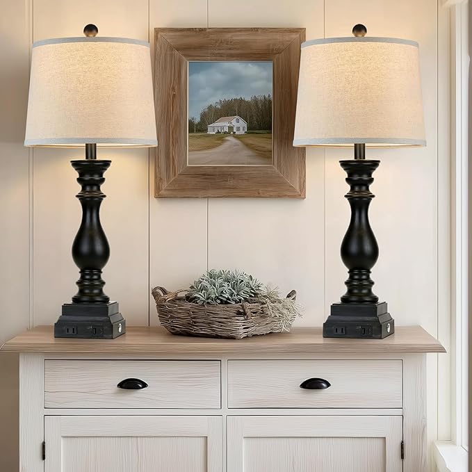 28" Farmhouse Table Lamps Set of 2 with USB C+A Ports and AC Outlet, 3 Way Touch Tall Vintage Bedside Lamp for Living Room, Black Rustic Nightstand Lamp for Bedroom Office - Bloomnest