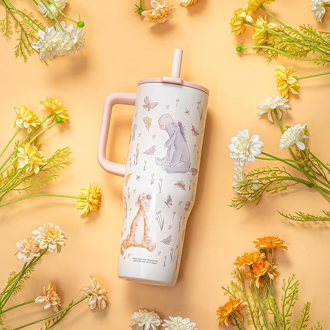 Zak Designs Disney Winnie the Pooh Sutton Travel Tumbler for On the Go, 30oz Stainless Steel with Vacuum Insulation, Silicone Straw, and Carry Handle for Cold Drinks (Pooh and Friends) - Bloomnest
