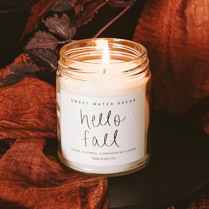 Sweet Water Decor Hello Fall Candle - Cinnamon Apples & Clove Autumn Fall Scented Candle for Home Decor - 100% Cotton Wick Soy Wax Candles with 40 Hour Burn Time - Made in The USA - 9oz Clear Jar - Bloomnest