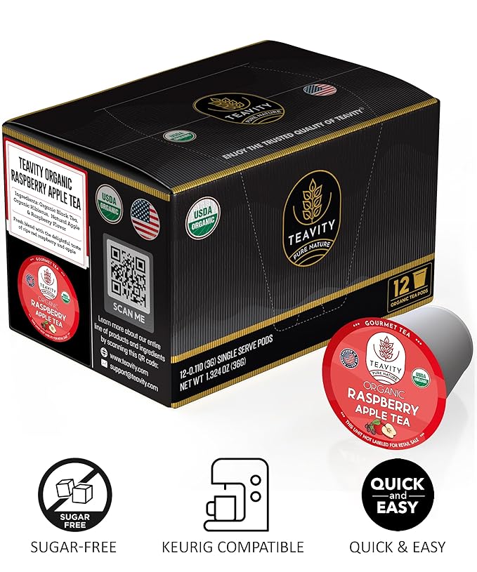 Organic Raspberry Apple Black Tea Pods for Keurig - Naturally Caffeinated Fruit Tea by Teavity (12 Tea Pods) - Bloomnest