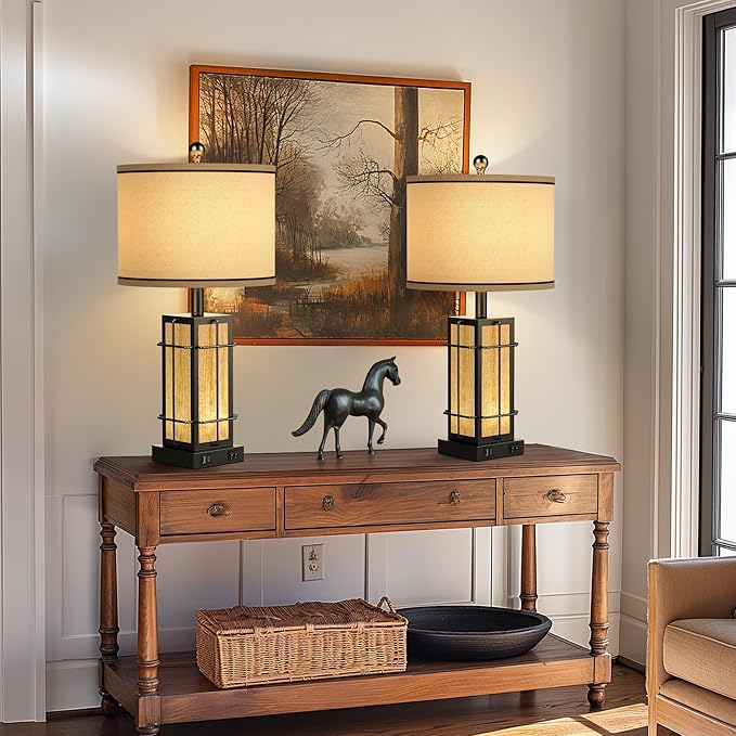 Black Table Lamps Set of 2, 24" Farmhouse Lamps for Living Room with USB C+A Ports, Industrial Retro Lamps for Bedroom, Nightstand Light Fixture, 2 Bulbs Included - Bloomnest