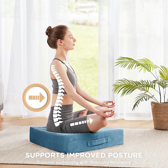 Codi Floor Cushions for Adults, Large Meditation Pillows with Thick Foam and Soft Tufted Covers, Washable Square Seating for Couch and Yoga Sitting, 22×22×5 Inch Blue