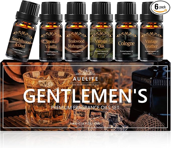 Men Essential Oils Set - 6 Premium Fragrance Oils for Diffusers for Home, Candles & Aromatherapy | Leather, Sandalwood, Cologne, Smoke Vanilla, Oak, Mahogany Scents | Gift Set for Men, Father's Day - Bloomnest
