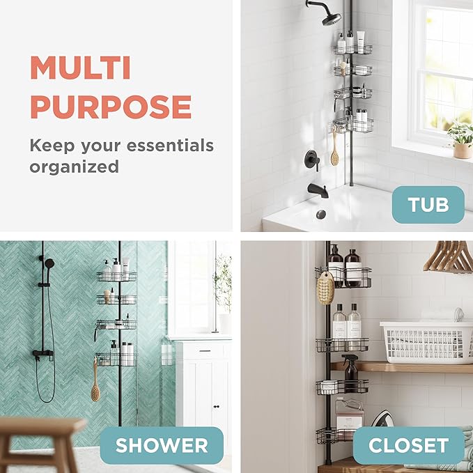 Zenna Home Tension Pole Shower Caddy Corner Organizer, Adjustable Standing Shower Caddy with 4 L-shaped Baskets and Hooks, Rust Resistant Bathroom Tension Rod Organizer, 60 to 97 Inch, Bronze - Bloomnest
