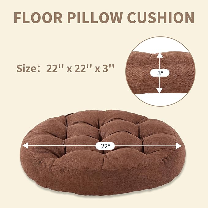 Meditation Floor Pillow, 2 Pack Round Floor Cushions for Adults, Button Tufted Seat Cushions for Yoga Tatami Living Room, Brown, 22 x 22 x 4 in