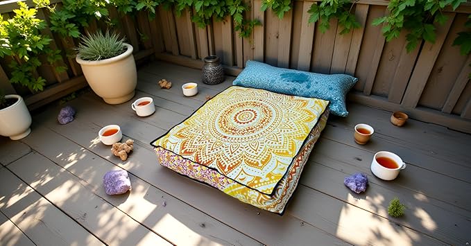 INDIAN CRAFT CASTLE 24" Yellow Ombre Mandala Barmeri Large Floor Pillow Cover Cushion Meditation Seating Ottoman Throw Cover Hippie Decorative Zipped Bohemian Pouf Ottoman Pom Pom Cases 24" Square - Bloomnest