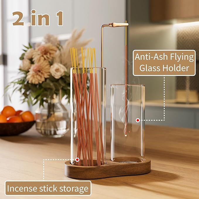 2 in 1 Incense Holder for Sticks with Glass Ash Catcher, Anti-Ash Flying Upside Down Insence Stick Burner, Modern Vertical Inscents-Sticks Holder for Yoga Spa Meditation Home Decor - Bloomnest
