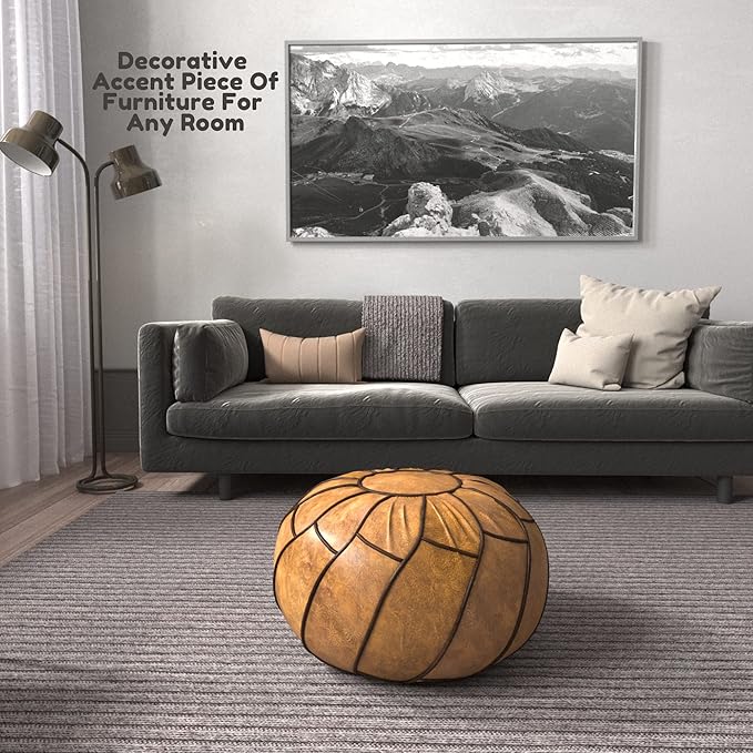 Moderner Faux Leather Pouf Unstuffed Ottoman Moroccan Footstool, Floor Footrest Cushion, Storage Solution - Natural Brown Color (Camel, Round) - Bloomnest