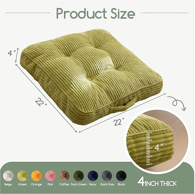 HIGOGOGO Washable Floor Pillow Cushion for Adults, Meditation Cushion Pillow, Large Square Floor Sitting, Removable Tufted Corduroy Cover, for Tatami Living Room or Yoga, 22x22 Inch, Machine Washable - Bloomnest
