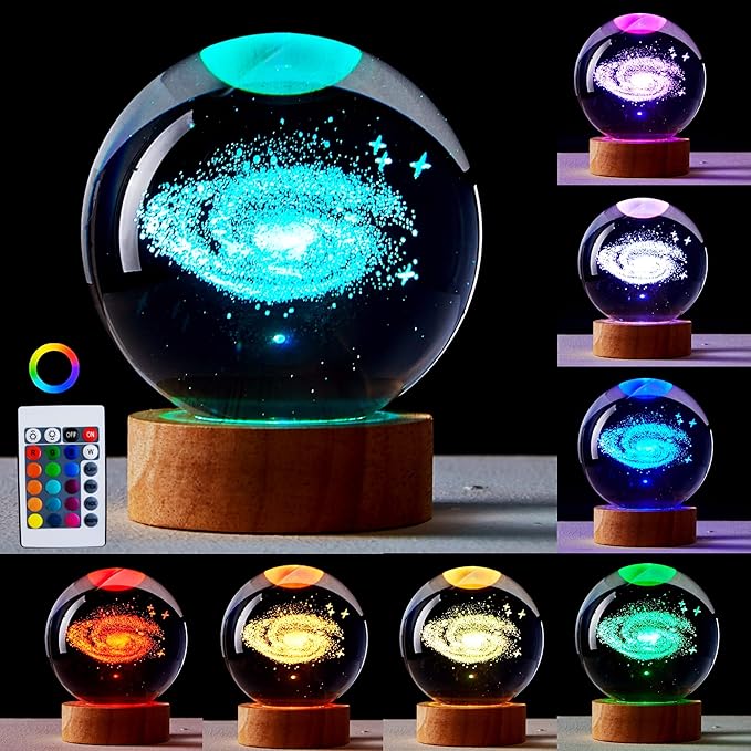 3.15 inch Galaxy Crystal Ball lamp,3D Solar System Crystal Ball Night Light with Wooden Base,16 Colors Change with Remote Control,Clear Glass Planet Light,Birthday Gift for Friends (Galaxy) - Bloomnest