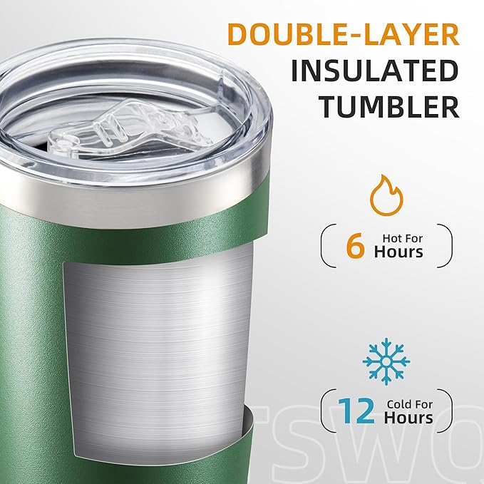 20 oz Tumbler Bulk with Lid Stainless Steel Insulated Tumblers Double Wall Vacuum Coffee Mug Powder Coated Tumbler Cups for Cold and Hot Drinks, Dark Green, 6 pack
