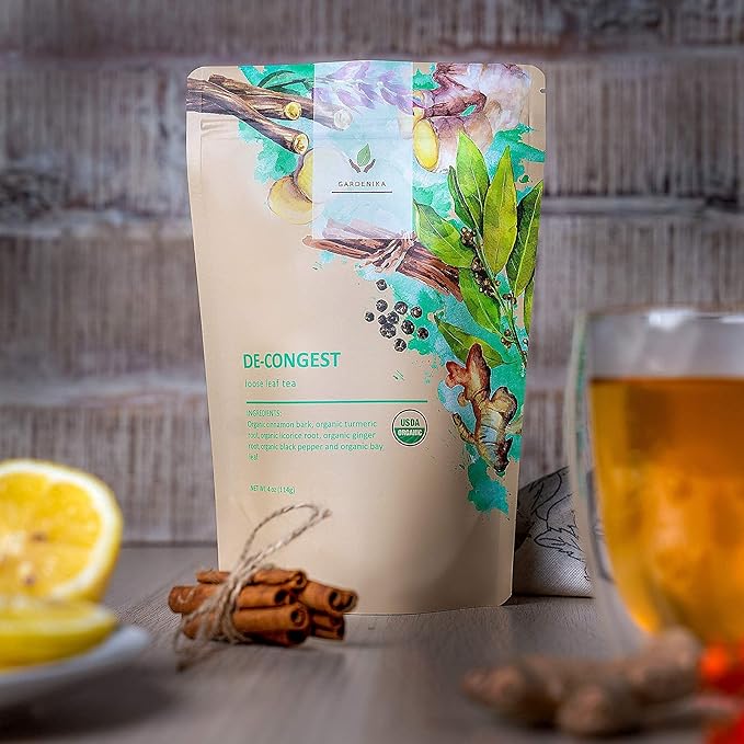 Gardenika Organic Decongest Loose Leaf Tea, Herbal, Caffeine-Free, KSA Kosher, Ayurvedic Blend with Turmeric, Cinnamon, Liquorice, Ginger Root – 4oz (1 Pack) - Bloomnest