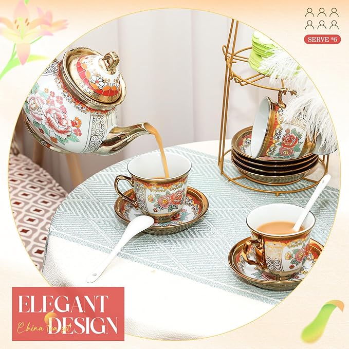 20 Pcs Porcelain Tea Set for Adults with Metal Holder and Spoon European Ceramic Tea Party Set Flower Painting Teapot Cup Saucer for Christmas Women Gifts, Serving 6 People(Classic) - Bloomnest