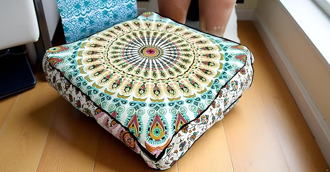 ICC Mandala Floor Pillow Cushions Cover Seating Throw Covers Hippie Decorative Bohemian Ottoman Poufs Cases Boho Indian Large Pouf Decor Kids Cushion Case Meditation Zipped 24 Inches Square Musturd - Bloomnest