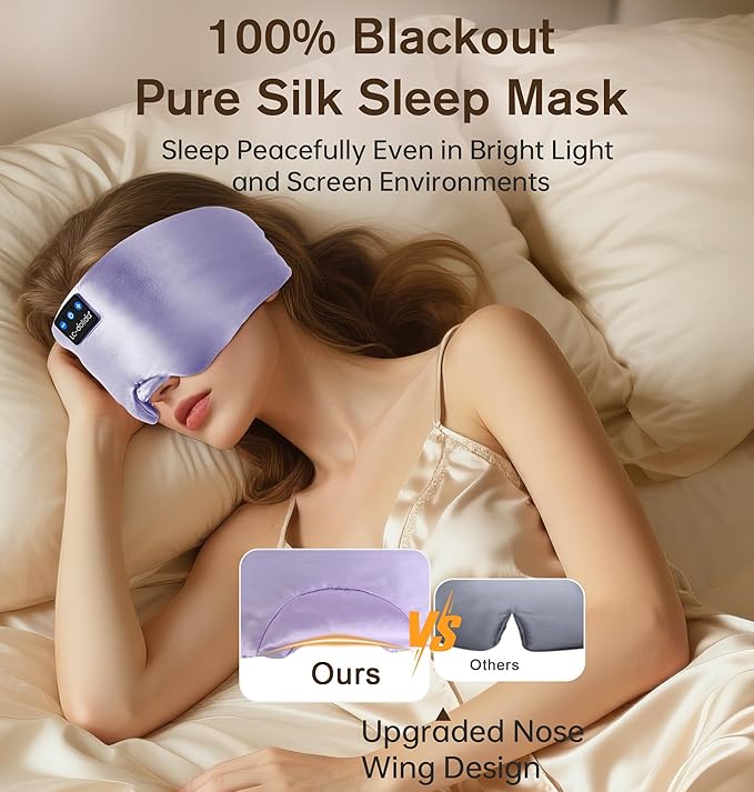 LC-dolida Luxurious Silk Soft Sleep Mask, Sleep Headphones with Bluetooth 5.4 for Side Sleeper, Total Blackout Eye Sleeping Mask for Women and Men, Ideal Gift for Restful Sleep, Travel(Light Purple) - Bloomnest